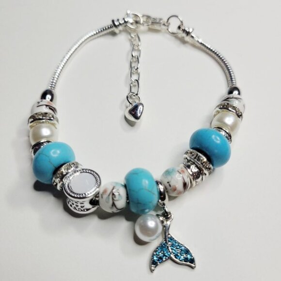 NWT Pandora Style Charm Bracelet Glitter Mermaids Tail Ceramic Beads Premium M/L - Picture 3 of 8